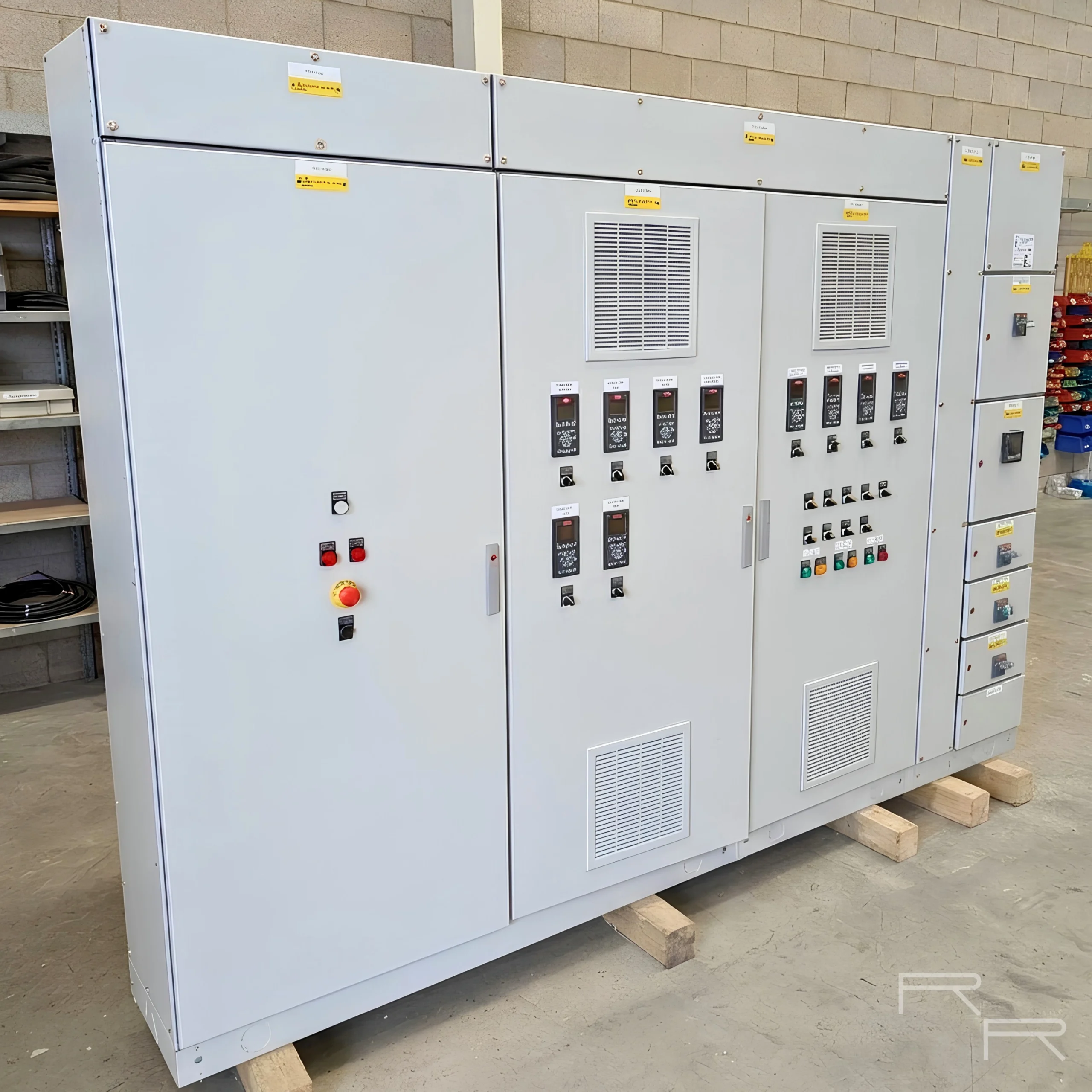Cubic modular motor control centre with door-mounted drive parameter units, selector switches and emergency stop