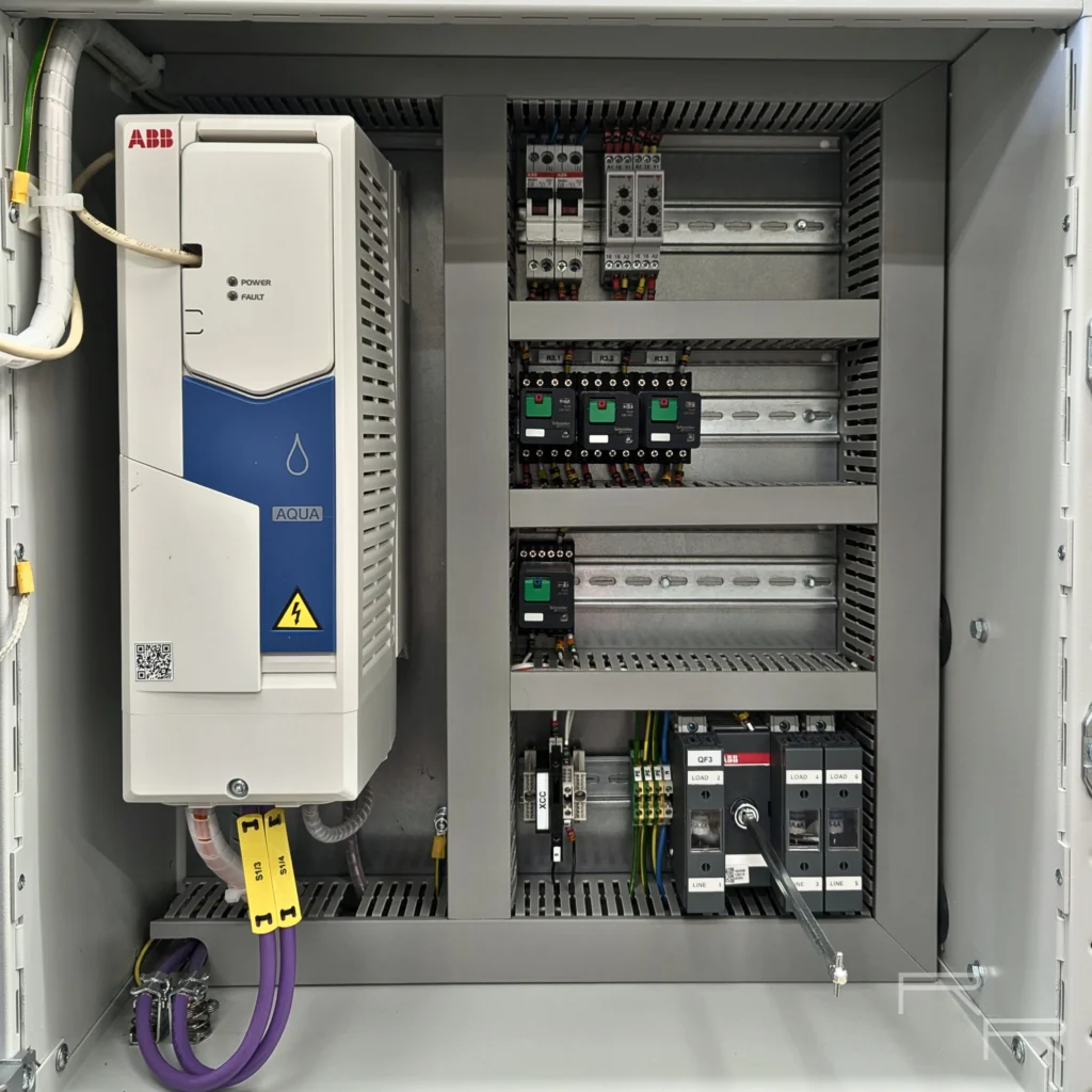 ABB AQUA variable speed drive with control relays and fused switch-disconnector in a segregated section