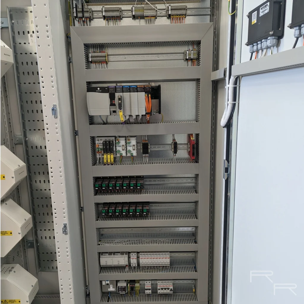 Control section with Allen-Bradley ControlLogix PLC, Profibus hub, interposing relays and control distribution