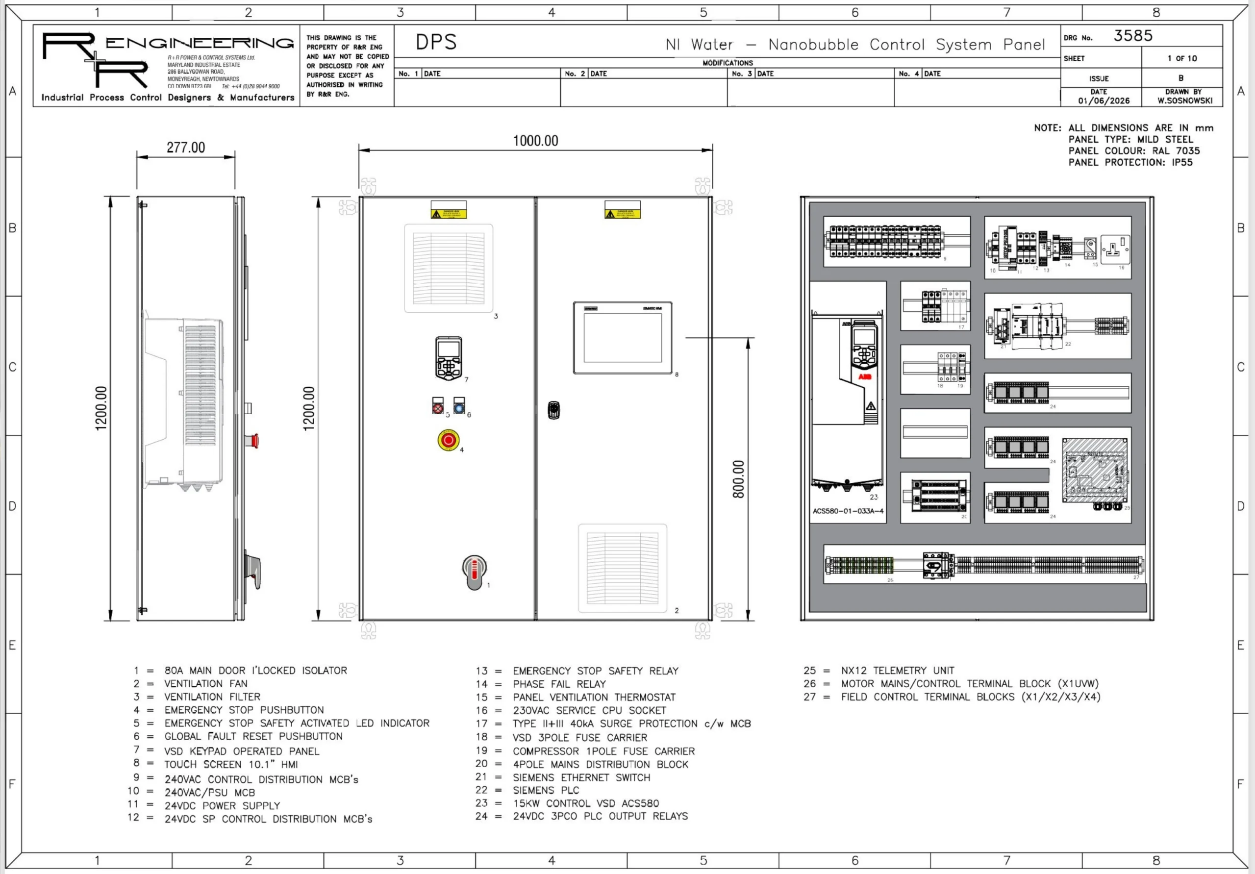 General arrangement drawing of the nanobubble control panel showing the front elevation, side view and internal backplate layout, with a numbered device legend